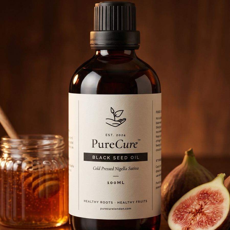 PureCure cold pressed black seed oil with honey and figs